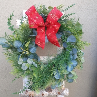 Mixed foliage wreath red ribbon